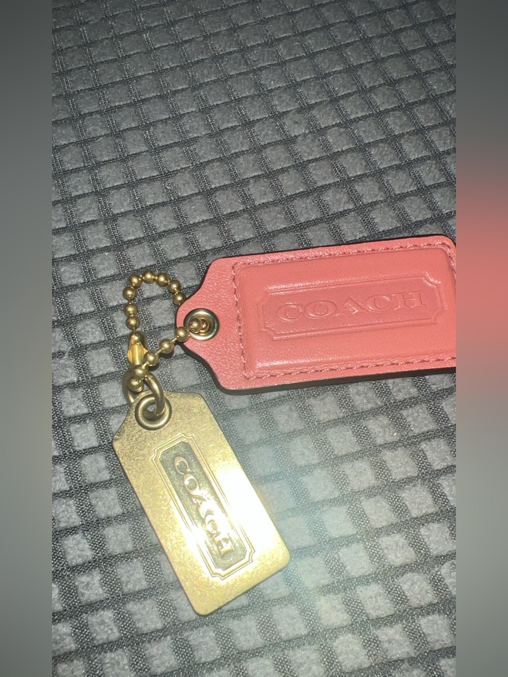 COACH Coral Pink Leather Hang Tag with Gold-Tone Logo Charms